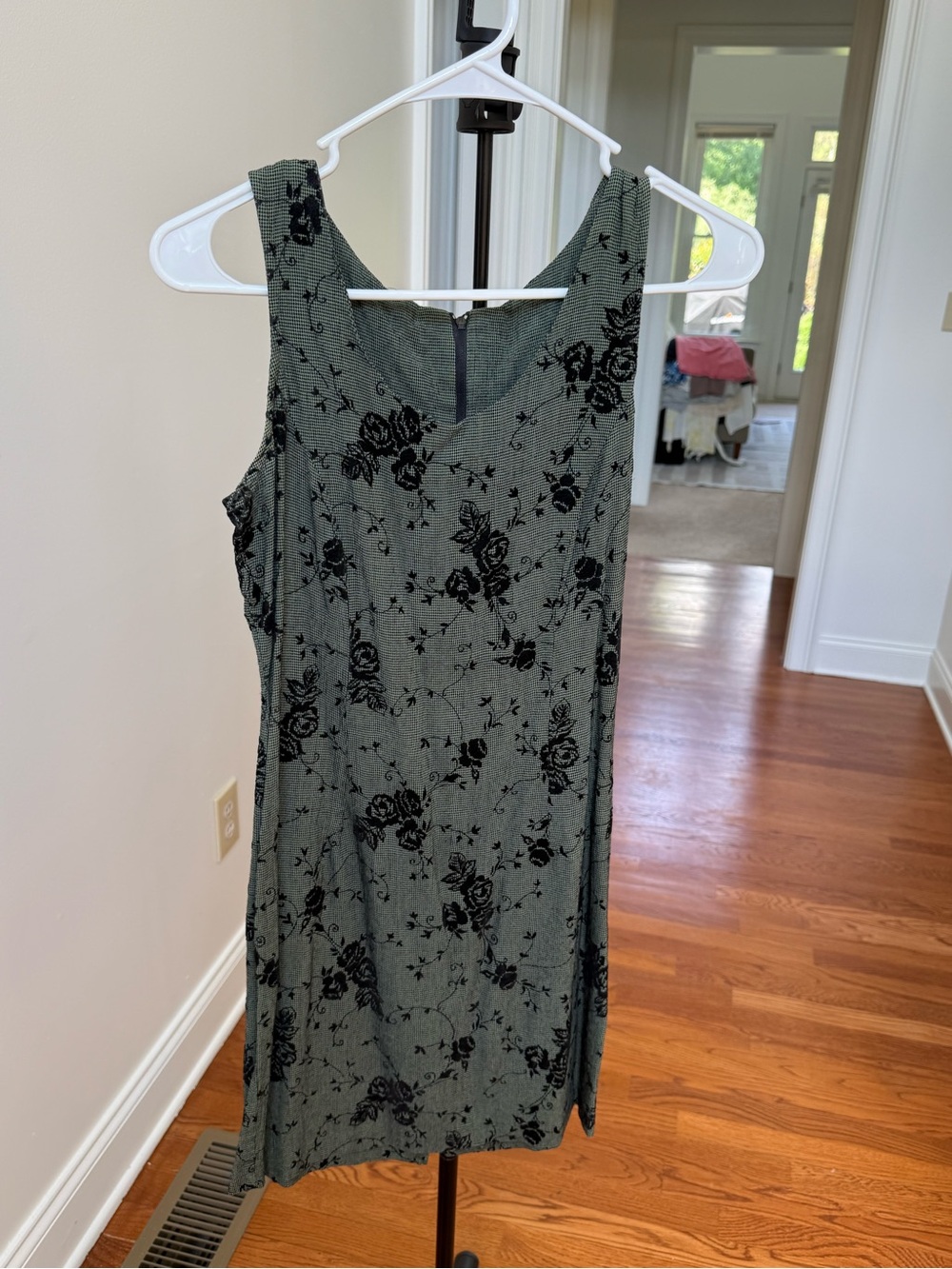 Sleeveless Floral Shift Dress in Olive Green and Black